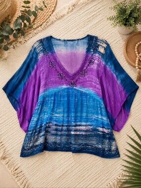 Greater Good~Tie-Dye Sequin Beaded Tunic Top ~ Purple Blue~ S/M